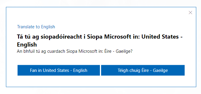 Irish language on from Microsoft website